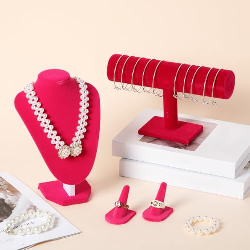 Wenqik 4 Pcs Velvet Jewelry Display Set Velvet Necklace Bust Holder Bracelet Organizer 2 Ring Finger Jewelry Holder - color: Rose Red