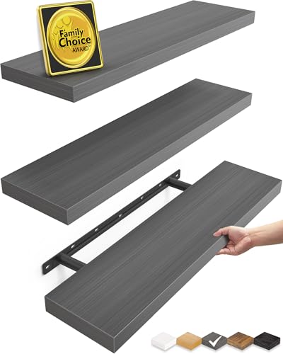 BAYKA Floating Shelves for Wall, Set of 3, 22.5 Inches Wall Mounted Rustic Wood Shelves for Bathroom, Bedroom, Living Room or Kitchen Decor, Storage for Books, Lego, Plants, Gray - color: F. Grey - Industrial Edge Style, size: 22.5inches