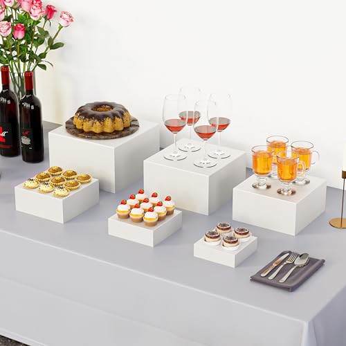 Metal Buffet Risers,6PCS Food Risers for Buffet Table 5in to 10in Display Stand for Wedding Catering Dessert Grayish White Cube Boxes Nesting Risers with Hollow Bottoms - color: Grayish White-6P