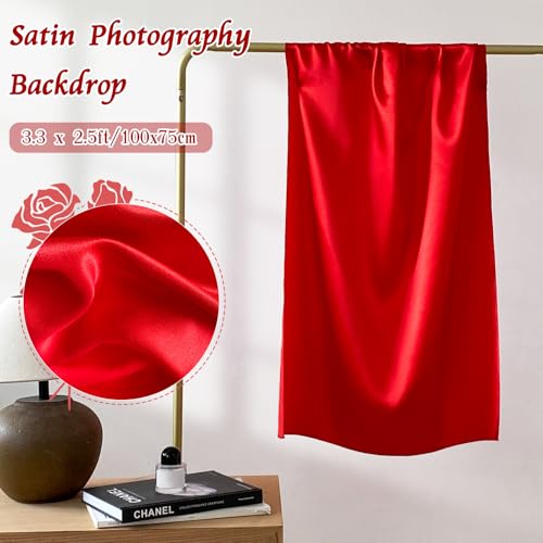 RUDONG M Satin Photography Backdrop 3.3x2.5ft - Wrinkle-Free Silky Fabric Background for Jewelry/Cosmetics/Flat Lay/Studio, Red Backdrop Cloth (100x75cm) - color: Red