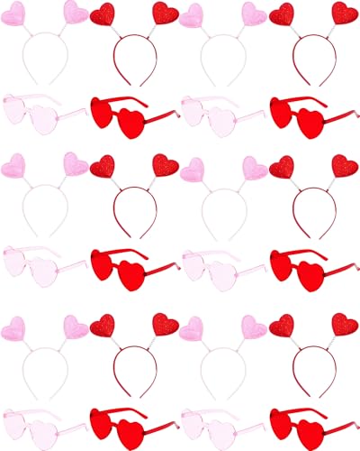 24 Piece Valentine's Day Heart Headbands and Sunglasses Set for Women and Men, Party Photo Props for Wedding, Birthday (Pink, Red) - color: Pink, Red