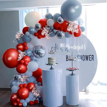 MEBAY Dusty Blue Gray Red Silver Balloon Arch Kit, 141 Pcs Dusty Blue Retro Grey Metallic Silver Red and Silver Confetti Balloons for Birthday Wedding Baby Bridal Shower - color: 141-dusty Blue