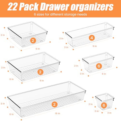 Criusia 22 Pcs Drawer Organizer Bins, Acrylic Non Slip Kitchen Drawer Organizers Storage Tray Divider, Multifunctional Storage for Cosmetics, Bathroom, Tools, Kitchen and Office - size: 22 Pack