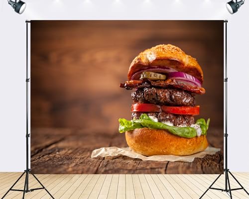 Trykid 12x10ft Double Patty Bacon Burger Backdrop Rustic Wood Fresh Veggie Scene Photography Background Food Festival BBQ Gathering Party Decoration Tapestry Photo Booth Prop Fabric - size: 12x10ft