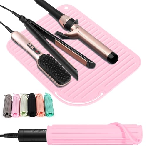 2 Pack Heat Resistant Mat Large Silicone Hot Hair Tools Holder for Curling Irons Flat Iron Hair Styling Tools Mat Portable Vanity Pad - color: Pink, size: 2 PACK