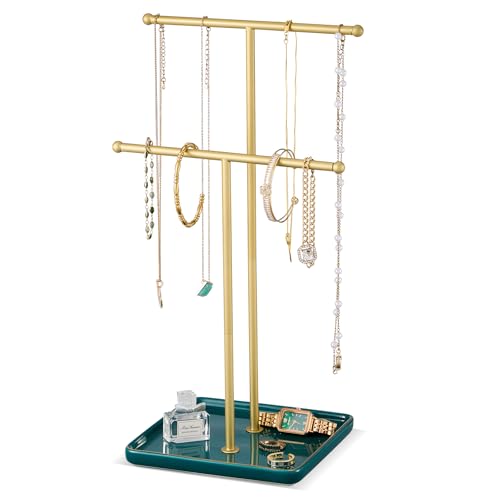Lolalet Necklace Holder, Jewelry Display Stand with Ceramic Base Tray Jewelry Organizer Tree for Necklaces Bracelets Earrings Rings -Green, 2 Tiers - color: Green, size: 2 Tiers