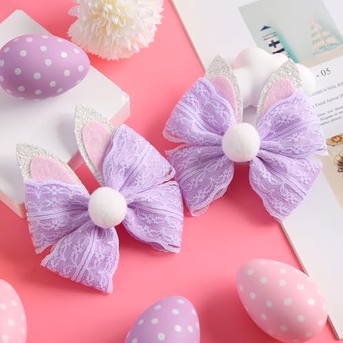 2PC Easter Bunny Ears Hair Bow Clips Rabbit Hair Accessories Spring Party Supplies Purple - color: Purple