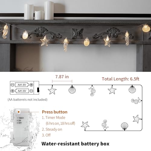 YOLIGHT Seashell Starfish Seahorse String Lights Timer 6.5ft 10 LED Ocean Fairy Lights Battery Operated Under The Sea Decoration for Tropical Nautical Theme Party Beach Wedding Kids Room Décor - style: Ocean Theme