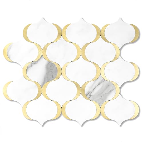 10 Sheet Arabesque Peel and Stick Backsplash Tile, Stick on Backsplash for Kitchen and Bathroom Wall, Marble White Look PVC Mixed Metal Gold - color: Marble White Mixed Metal Gold