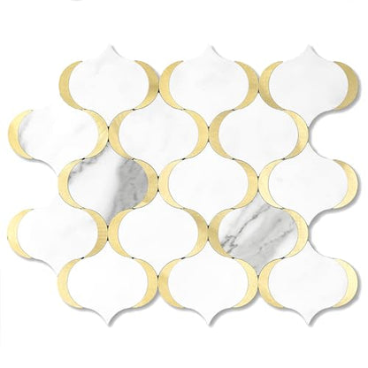 10 Sheet Arabesque Peel and Stick Backsplash Tile, Stick on Backsplash for Kitchen and Bathroom Wall, Marble White Look PVC Mixed Metal Gold - color: Marble White Mixed Metal Gold