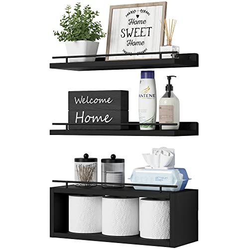 WOPITUES Floating Shelves for Wall with Cube Shelf, Wall Shelves with Metal Rail for Bathroom Decor, Bathroom Organizers and Storage, Over Toilet Shelves for Toilet Paper-Black - color: Black, size: 15.7 inch