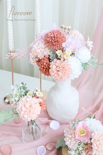 Floroom Artificial Dahlia Flowers 25pcs Real Looking Dusty Rose Shades Foam Fake Roses with Stems for DIY Wedding Bouquets Bridal Shower Centerpieces Floral Arrangements Party Tables Home Decoration - color: Shades of Dusty Rose
