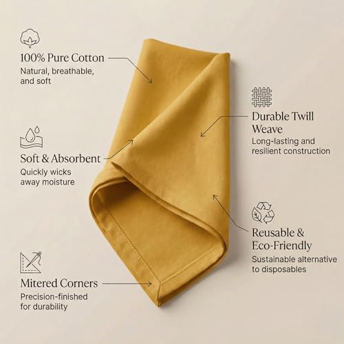 Accent Home 100% Cotton Napkins, Delicate Cloth Napkins for Dinners, Parties and Weddings，18 x 18 Inch Set of 12 - Mustard - color: 02 - Mustard - Twill, size: 18"x18" - Pack of 12