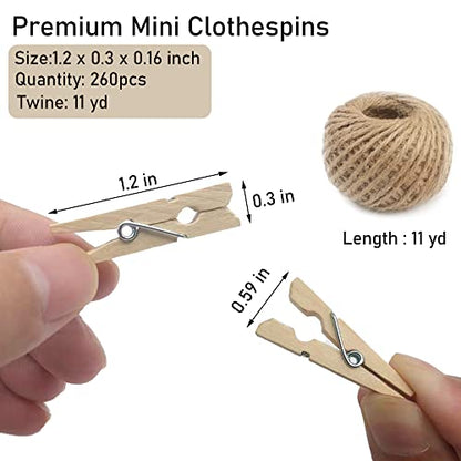 Mini Clothes Pins, 260 PCS Small Wooden Clothes Pin with Jute Twine, Clothespins, Clothes Pins for Photos Crafts DIY Project - color: Wooden, size: 1.2inch/260Pcs