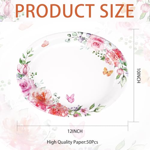 Grencian 50Pcs Floral Oval Paper Plates 10" x 12" Disposable Pink Rose Floral Party Plates Spring Pink Flower Dinnerware for Wedding Tea Party Birthday Bridal Baby Shower Mother's Day Decorations - style: 50Pcs Pink Oval Floral Kit
