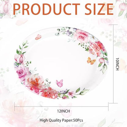 Grencian 50Pcs Floral Oval Paper Plates 10" x 12" Disposable Pink Rose Floral Party Plates Spring Pink Flower Dinnerware for Wedding Tea Party Birthday Bridal Baby Shower Mother's Day Decorations - style: 50Pcs Pink Oval Floral Kit
