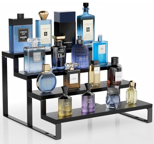 Wood Cologne Organizer for Men,12 Inch 4 Tier Cologne Stand Waterproof Perfume Organizer for Dresser with Anti-Slip Washers,Wooden Display Risers Stand for Party,Makeup,Figures,Cupcake,Perfume,Dessert