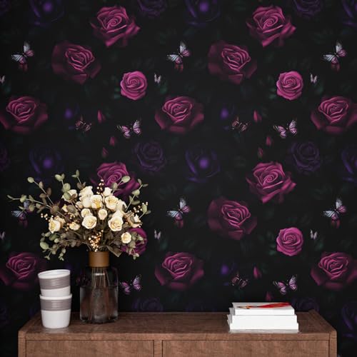 Laatse Drak Floral Wallpaper Peel and Stick Boho Wallpaper 17.5“x118” Purple Rose Contact Paper Waterproof Self-Adhesive Vintage Flowers Wall Paper for Bedroom Mural Shelf Liner Cabinet Decor - color: Dark Purple, size: 17.5" x 118"