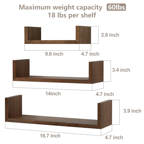 SRIWATANA Floating Shelves Wall Mounted, Solid Wood Wall Shelves Set of 3, Dark Brown… - color: Dark Brown