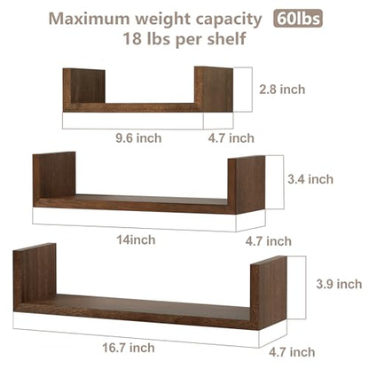 SRIWATANA Floating Shelves Wall Mounted, Solid Wood Wall Shelves Set of 3, Dark Brown… - color: Dark Brown