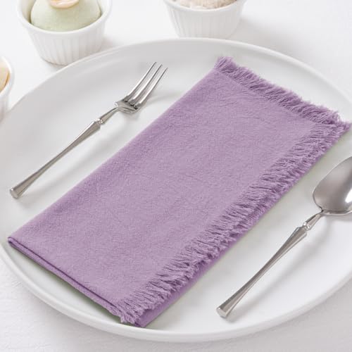 DeZerlor 12 Pack Purple Cotton Linen Napkins with Fringe Summer Cloth Napkins Set of 12 Boho Handmade Dinner Napkins Bulk for Wedding Bridal Baby Shower Parties, 17 x 17 Inches - color: Purple, size: 17" x 17" (Set of 12)