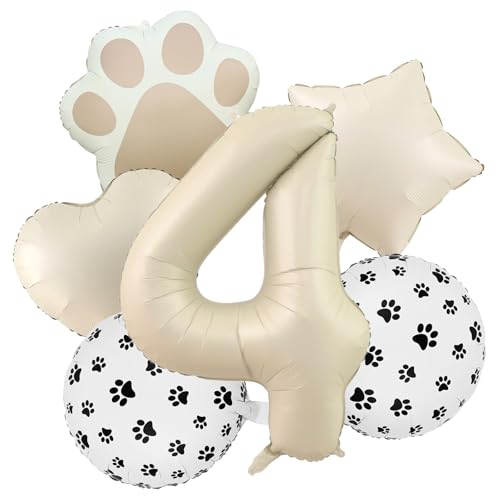 4th Birthday Dog Paw Balloons Set,18'' Paw Prints, Heart,Star,Paw Shaped Foil Balloon 40 Inch Cream Number 4 Helium balloons for Puppy Themed Third Anniversary Birthday Party Decorations Supplies 6PCS - color: Cream-4