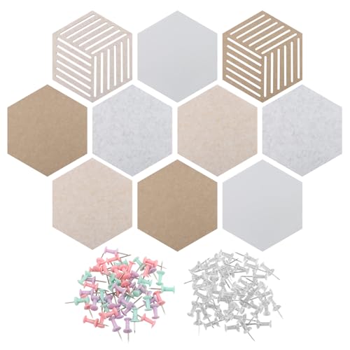 10 Pack Hexagon Cork Board Tiles, Self-Adhesive Felt Bulletin for Wall Decor(12x10inch) with 100 Push Pins, Decorative Hexagon Corkboard for Office Classroom Home Wall Decor