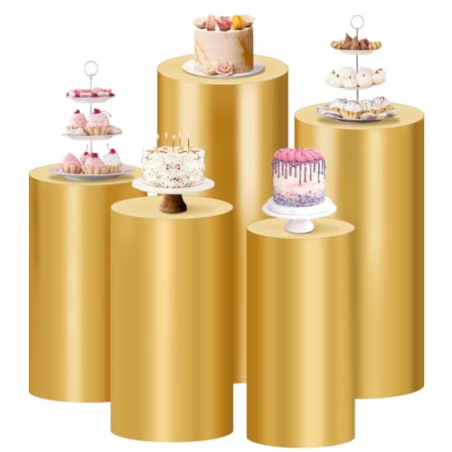 Socomi Cylinder Pedestal Stand Covers Spandex Flexible Display Box Stand Covers for Birthday Party Wedding Baby Shower Decoration- Only Stand Covers Included Set of 5 Gold - color: Gold, size: Set of 5