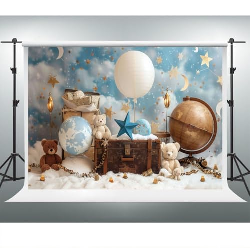 YongFoto Travel Adventure Theme Backdrop 6x4ft Cute Clouds Sky Stars Bear Globe Photography Background Adventure Awaits Baby Shower Girl Boy 1st 2nd Birthday Party Banner Kids Portraits Photoshoot - color: Style 5, size: 6ftx4ft