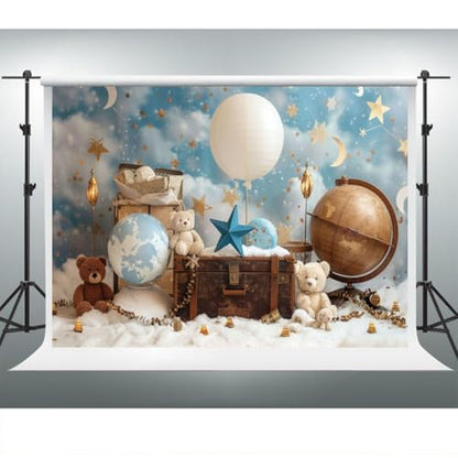YongFoto Travel Adventure Theme Backdrop 6x4ft Cute Clouds Sky Stars Bear Globe Photography Background Adventure Awaits Baby Shower Girl Boy 1st 2nd Birthday Party Banner Kids Portraits Photoshoot - color: Style 5, size: 6ftx4ft