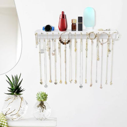 YYILIS Necklace Holder, Upgraded Extra Large Wall Necklace Organizer with 30 Hooks Wall Mounted Necklace Hanger with Jewelry Tray/Cosmetics Shelf Rustic Pine Wood Holder (White) - color: White