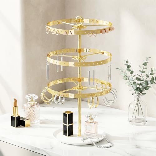 Rotating Earring Holder Organizer,Large and Small Stud Earring Display Tree Stand for Girls Womenm,3 Tiers Hanging Pierced Earring Rack for Selling,Jewelry Storage Stand for Vendors (Golden) - color: Golden