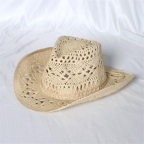 Straw Cowboy Hats Ventilated Hollow Round Foldable Sun Hats for Women Summer Western Cowgirl Beach Hat Photo Prop - color: Beige