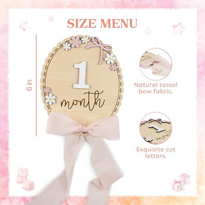 Baby Monthly Milestone Wooden Sign with Numbers, Natural Wood Milestone Board for Newborn Monthly Growth Photos, Cute 3D Flowers Photo Prop for Baby Milestone Memories (Pink Ribbon)