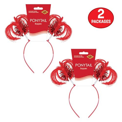 Beistle Red Ponytail Boppers – 2 Pack, Synthetic Hair Headband Accessories with Metallic Fringe, Spirit Headwear for Costume Styling, Themed Party Events, Photo Booth Props, and Novelty Wear