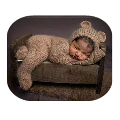 Coberllus Newborn Photography Props Outfits Mohair Bear Hat & Footed Romper for Baby Photo Props Newborn Photo Shoot Props - color: Dark Khaki
