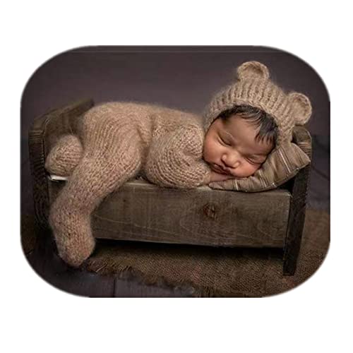 Coberllus Newborn Photography Props Outfits Mohair Bear Hat & Footed Romper for Baby Photo Props Newborn Photo Shoot Props - color: Dark Khaki
