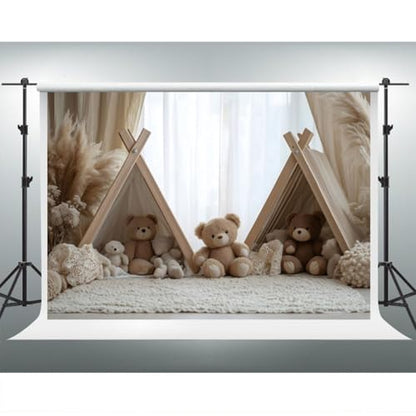 YongFoto Bear Theme Backdrop 7x5ft Tent Blanket Pampas Boho Photography Background Baby Shower Cradle Ceremony Kid Birthday Party Banner Baby Portraits Photoshoot Wallpaper Photo Studio Booth Prop - color: Style 2, size: 7ftx5ft