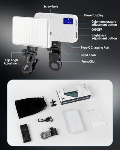 168 LED Portable Selfie Light Video Conference Light with Front & Back Clip, Rechargeable 3 Light Modes for Phone, iPhone, Android, iPad, Camera, Laptop, Makeup, Tiktok, Vlog(White) - color: White