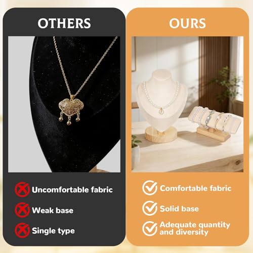 Rainmae 4Pcs Jewelry Display Set, Necklace Display Stand and T Bar Bracelet Holder, Wooden Necklace/Watch/Bracelet Display Rack, Jewelry Bust for Selling for Vendors Home Trade Organizer