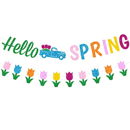 Glitter Hello Spring Banner with Tulip Truck Signs and Colorful Glittery Tulips Banner Hello Spring Flowers Garland Easter Birthday Party Fireplace Mantle Decorations