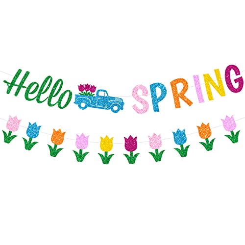 Glitter Hello Spring Banner with Tulip Truck Signs and Colorful Glittery Tulips Banner Hello Spring Flowers Garland Easter Birthday Party Fireplace Mantle Decorations