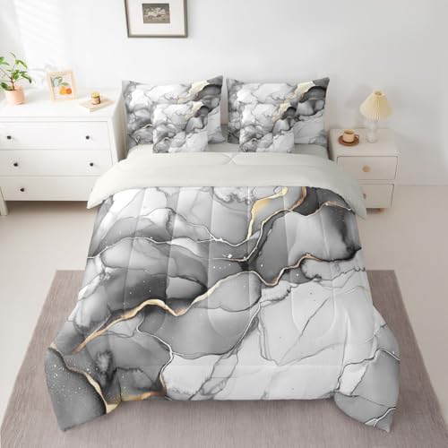 Erosebridal Grey Marbling King Bed in A Bag 7 Piece Marble Pattern Comforter Set with Sheets Gold Ink Fluid Art Bedding Sets for Kids Adults,Ombre Marble Textured Bed Set - color: Multi 02, size: King