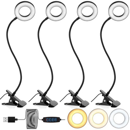 Glooglitter 4 Pcs Clip on Light 48 LEDs USB Ring Light with 3 Color Modes and 10 Brightness Dimmable, Eye Protection, 360 Flexible Neck for Desk, Headboard, Reading