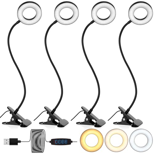Glooglitter 4 Pcs Clip on Light 48 LEDs USB Ring Light with 3 Color Modes and 10 Brightness Dimmable, Eye Protection, 360 Flexible Neck for Desk, Headboard, Reading