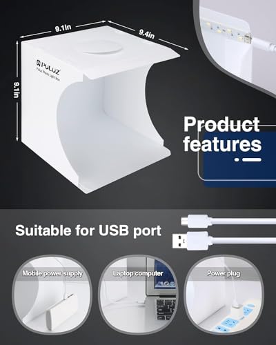 Mini Photo Studio Box, PULUZ 20cm Portable Photography Shooting Light Tent Kit, White Folding Lighting Softbox with 20 LED Lights + 6 Backdrops for Product Display - size: 9*9 Inch - B