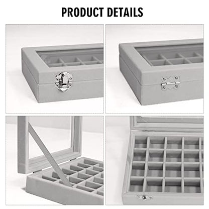 Vicoter Velvet Jewelry Box 24 Grid Jewelry Ring Display Organiser Box Tray Holder Earrings Storage Case for Girls Wife Mom Women (Gray) - color: Gray