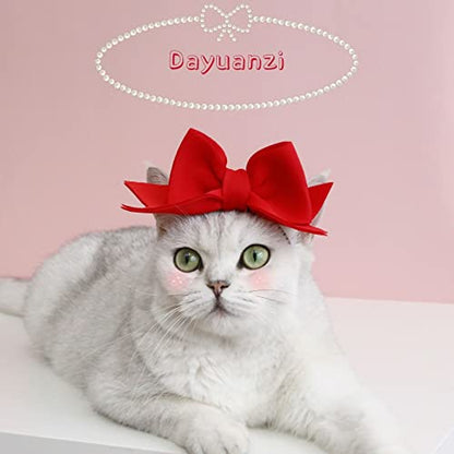 2Pack Pet Cute Bow Headbands Stretchy Handmade Bow Headband for Dog Cat Puppy Bathroom Apparel Birthday Party Wedding Xmas New Year Valentines Day Costume Photo Prop(Pink, Red)