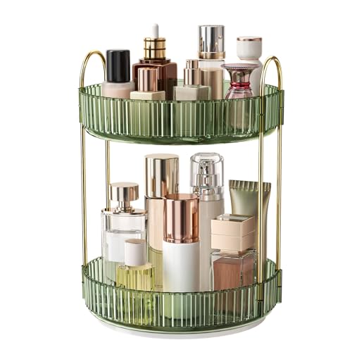 360° Rotating Makeup Organizer, Large Capacity Skincare Organizer, 2 Tier Cosmetic Skin Care Perfume Dresser Organizer, Fits Cosmetics, Perfume, Skin Care, Lipstick - color: Dark Green, size: 2 Tier