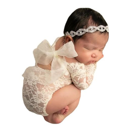 Baby Photography Props Outfit Lace Rompers Newborn Girl Photo Shoot Outfits Flower Headband Princess Costume - color: White